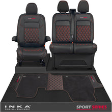 Load image into Gallery viewer, New VW Transporter T7 Panel Van INKA Front Bentley Leatherette Tailored Seat Covers & Matching Tailored Floor Mat Black MY25 Onwards - Sport-Series Embroidery
