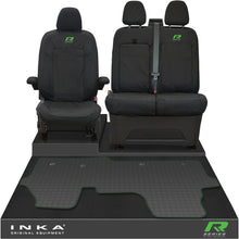 Load image into Gallery viewer, New VW Transporter T7 Panel Van INKA Front Set Tailored Waterproof Seat Covers & Tailored Rubber Mat Black MY25 Onwards - R-Series Embroidery