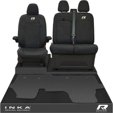 Load image into Gallery viewer, New VW Transporter T7 Panel Van INKA Front Set Tailored Waterproof Seat Covers & Tailored Rubber Mat Black MY25 Onwards - R-Series Embroidery