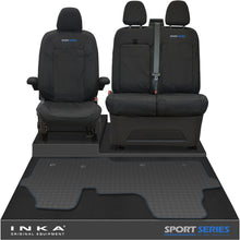 Load image into Gallery viewer, New VW Transporter T7 Panel Van INKA Front Set Tailored Waterproof Seat Covers & Tailored Rubber Mat Black MY25 Onwards - Sport-Series Embroidery
