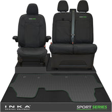 Load image into Gallery viewer, New VW Transporter T7 Panel Van INKA Front Set Tailored Waterproof Seat Covers & Tailored Rubber Mat Black MY25 Onwards - Sport-Series Embroidery
