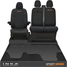 Load image into Gallery viewer, New VW Transporter T7 Panel Van INKA Front Set Tailored Waterproof Seat Covers & Tailored Rubber Mat Black MY25 Onwards - Sport-Series Embroidery