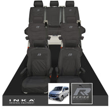 Load image into Gallery viewer, VW Caravelle T6.1,T6,T5.1 Inka 7 Seater Full Set Fully Tailored Waterproof Seat Covers Black - R-Series Embroidery
