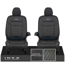 Load image into Gallery viewer, All New Ford Transit Custom Front 1+1 CUSTOM SPORT INKA Bentley Leatherette Tailored Seat Covers Black MY-2024 (Choice of 7 Colours)
