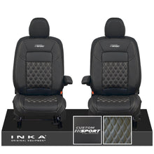 Load image into Gallery viewer, All New Ford Transit Custom Front 1+1 CUSTOM SPORT INKA Bentley Leatherette Tailored Seat Covers Black MY-2024 (Choice of 7 Colours)
