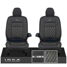 Load image into Gallery viewer, All New Ford Transit Custom Front 1+1 Steel Badge INKA Bentley Leatherette Tailored Seat Covers Black MY-2024 (Choice of 7 Colours)

