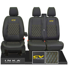 Load image into Gallery viewer, Ford Transit MK8/MK9 INKA Front Tailored Seat Covers Black Bentley Diamond Quilt MY 2014 Onwards (7 COLORS) - CV Racing Embroidery
