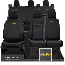 Load image into Gallery viewer, Ford Transit Custom INKA Front 1+2 &amp; Rear Triple Tailored Waterproof Seat Covers Black MY-12-23 (Choice of 7 Colours) - Custom Sport Embroidery
