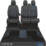 Ford Transit MK8/MK9 Front 1+2 Bentley Diamond Quilt Tailored Seat Covers & Matching Tailored Floor Mat Black MY2014 Onwards - CV Racing Embroidery