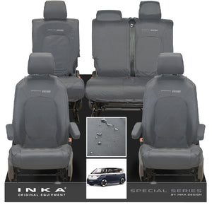 VW ID Buzz Life, Style, GTX Front & Rear Full Set INKA Tailored Waterproof Seat Covers Grey with Embroidery MY22 onwards