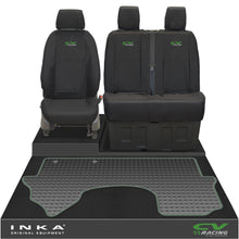 Load image into Gallery viewer, New Mercedes Benz Sprinter INKA Front 1+2 Tailored Waterproof Seat Covers &amp; Tailored Rubber Mat Black MY18 To Present - CV Racing Embroidery
