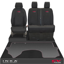 Load image into Gallery viewer, New Mercedes Benz Sprinter INKA Front 1+2 Tailored Waterproof Seat Covers &amp; Tailored Rubber Mat Black MY18 To Present - CV Racing Embroidery
