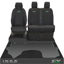 Load image into Gallery viewer, New Mercedes Benz Sprinter INKA Front 1+2 Tailored Waterproof Seat Covers &amp; Tailored Rubber Mat Black MY18 To Present - CV Sport Embroidery
