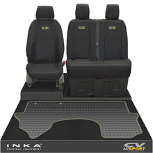 Load image into Gallery viewer, New Mercedes Benz Sprinter INKA Front 1+2 Tailored Waterproof Seat Covers &amp; Tailored Rubber Mat Black MY18 To Present - CV Sport Embroidery
