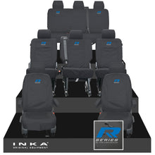 Load image into Gallery viewer, VW Transporter Shuttle T6.1, T6 8 Seater Tailored Waterproof Seat Covers Black MY 15-23 - R-Series Embroidery
