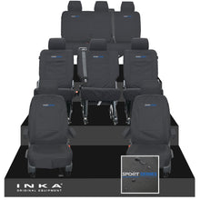 Load image into Gallery viewer, VW Transporter Shuttle T6.1, T6 8 Seater Tailored Waterproof Seat Covers Black MY 15-23 - Sport-Series Embroidery
