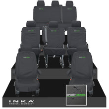 Load image into Gallery viewer, VW Transporter Shuttle T6.1, T6 8 Seater Tailored Waterproof Seat Covers Black MY 15-23 - Sport-Series Embroidery
