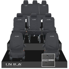 Load image into Gallery viewer, VW Transporter Shuttle T6.1, T6 8 Seater Tailored Waterproof Seat Covers Black MY 15-23 - Sport-Series Embroidery
