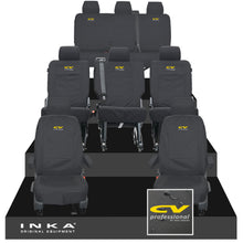 Load image into Gallery viewer, VW Transporter Shuttle T6.1, T6 8 Seater Tailored Waterproof Seat Covers Black MY 15-23 - CV Professional Embroidery
