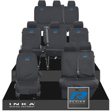 Load image into Gallery viewer, VW Transporter Shuttle T6.1, T6 Full Set Tailored Waterproof Seat Covers Black MY 15-23 - R-Series Embroidery
