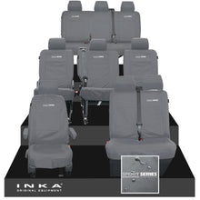 Load image into Gallery viewer, VW Transporter Shuttle T6.1, T6 Full Set Tailored Waterproof Seat Covers Grey MY 15-23 - R-Series Embroidery
