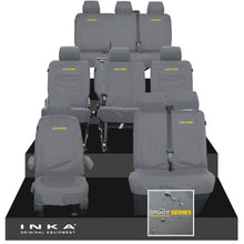 Load image into Gallery viewer, VW Transporter Shuttle T6.1, T6 Full Set Tailored Waterproof Seat Covers Grey MY 15-23 - R-Series Embroidery
