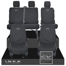 Load image into Gallery viewer, VW Transporter T6.1, T6, T5.1 Front 1+1 &amp; Rear 2+1 Tailored Waterproof Seat Covers Black MY-10-24 - CV-Series Embroidery
