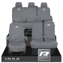 Load image into Gallery viewer, VW Transporter T6.1, T6, T5.1 Front 1+2 &amp; Rear Triple Tailored Waterproof Seat Covers Grey MY 10-24 - R-Series Embroidery
