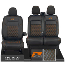 Load image into Gallery viewer, All New Ford Transit Custom Front 1+2 INKA Bentley Leatherette Tailored Seat Covers Black MY-2024 (Choice of 7 Colours) R Sport Embroidery
