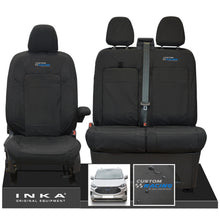 Load image into Gallery viewer, All New Ford Transit Custom INKA Front 1+2 Tailored Waterproof Seat Covers Set Black MY-2024 Onwards - Custom Racing Embroidery

