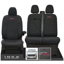 Load image into Gallery viewer, All New Ford Transit Custom INKA Front 1+2 Tailored Waterproof Seat Covers Set Black MY-2024 Onwards - Custom Racing Embroidery
