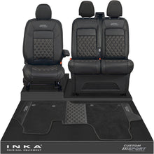 Load image into Gallery viewer, All New Ford Transit Custom Front 1+2 Bentley Leatherette Tailored Seat Covers &amp; Matching Tailored Floor Mat Black MY-2024> (7 Colours) - Custom Sport Embroidery
