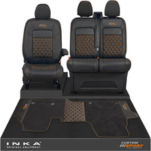Load image into Gallery viewer, All New Ford Transit Custom Front 1+2 Bentley Leatherette Tailored Seat Covers &amp; Matching Tailored Floor Mat Black MY-2024> (7 Colours) - Custom Sport Embroidery
