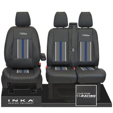 Load image into Gallery viewer, Ford Transit Custom Front 1+2 INKA Icon Striped Leatherette Tailored Seat Covers Black MY-12-23 Custom Racing Embroidery
