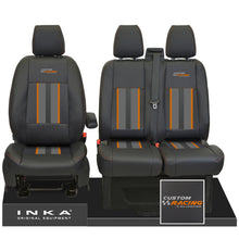 Load image into Gallery viewer, Ford Transit Custom Front 1+2 INKA Icon Striped Leatherette Tailored Seat Covers Black MY-12-23 Custom Racing Embroidery
