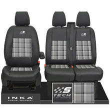 Load image into Gallery viewer, Ford Transit Custom 12-23 Inka S-Tech Front 1+2 Second Skin Tailored Leather Look Seat Covers With Tartan.
