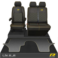 Load image into Gallery viewer, VW Transporter T6.1, T6, T5.1 Front 1+2 Bentley Diamond Quilt Leatherette Tailored Seat Covers &amp; Tailored Rubber Mat Black MY 2015 Onwards (Choice of 7 Colours)
