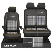 Load image into Gallery viewer, New VW Transporter T6.1, T6, T5.1 Front 1+2 Sport-Series INKA Leatherette Tartan Tailored Seat Covers Black Fits Panel Van &amp; Kombi
