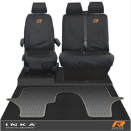 VW Transporter T6.1,T6,T5.1 INKA Front 1+2 Tailored Waterproof Seat Covers & Tailored Rubber Floor Mat Black - R-Series Embroidery