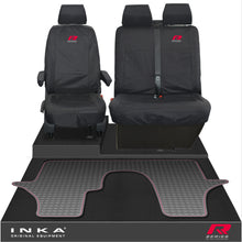 Load image into Gallery viewer, VW Transporter T6.1,T6,T5.1 INKA Front 1+2 Tailored Waterproof Seat Covers &amp; Tailored Rubber Floor Mat Black - R-Series Embroidery
