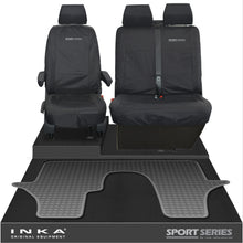 Load image into Gallery viewer, VW Transporter T6.1,T6,T5.1 INKA Front 1+2 Tailored Waterproof Seat Covers &amp; Tailored Rubber Floor Mat Black - Sport-Series Embroidery
