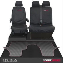 Load image into Gallery viewer, VW Transporter T6.1,T6,T5.1 INKA Front 1+2 Tailored Waterproof Seat Covers &amp; Tailored Rubber Floor Mat Black - Sport-Series Embroidery
