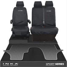 Load image into Gallery viewer, VW Transporter T6.1,T6,T5.1 INKA Front 1+2 Tailored Waterproof Seat Covers &amp; Tailored Rubber Floor Mat Black - Sport-Series Embroidery
