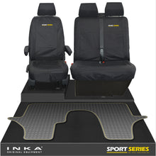 Load image into Gallery viewer, VW Transporter T6.1,T6,T5.1 INKA Front 1+2 Tailored Waterproof Seat Covers &amp; Tailored Rubber Floor Mat Black - Sport-Series Embroidery
