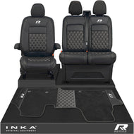New VW Transporter T7 Panel Van INKA Front Bentley Leatherette Tailored Seat Covers & Matching Tailored Floor Mat Black MY25 Onwards - R-Series Embroidery