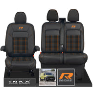 New VW Transporter T7 Panel Van INKA Front Leatherette Tartan Tailored Seat Cover Set Black MY25 Onwards - R-Series Embroidery