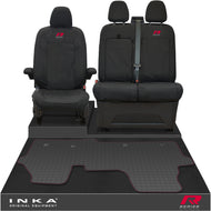 New VW Transporter T7 Panel Van INKA Front Set Tailored Waterproof Seat Covers & Tailored Rubber Mat Black MY25 Onwards - R-Series Embroidery