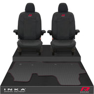 New VW Transporter T7 Panel Van INKA Front Set Tailored Waterproof Seat Covers & Tailored Rubber Mat Black MY25 Onwards - R-Series Embroidery