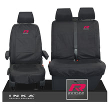 Load image into Gallery viewer, VW Transporter T6.1,T6,T5.1 INKA Front Set 1+2 Tailored Waterproof Seat Covers Black - R-Series Embroidery
