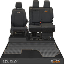 Load image into Gallery viewer, Vauxhall Opel Vivaro INKA Front 1+2 Tailored Waterproof Seat Covers &amp; Tailored Rubber Mat Black MY19 to Present - CV Sport Embroidery
